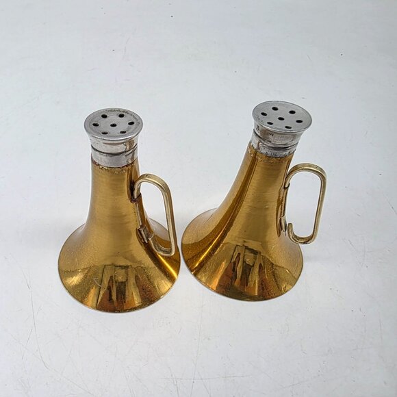 Vintage Brass & Glass Buggle Horn Shaped Salt & Pepper Shakers Removable Caps - Picture 3 of 10